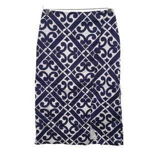 Boden Navy White Geometric Print Pencil Skirt Womens Size 2 Petite Preppy Office